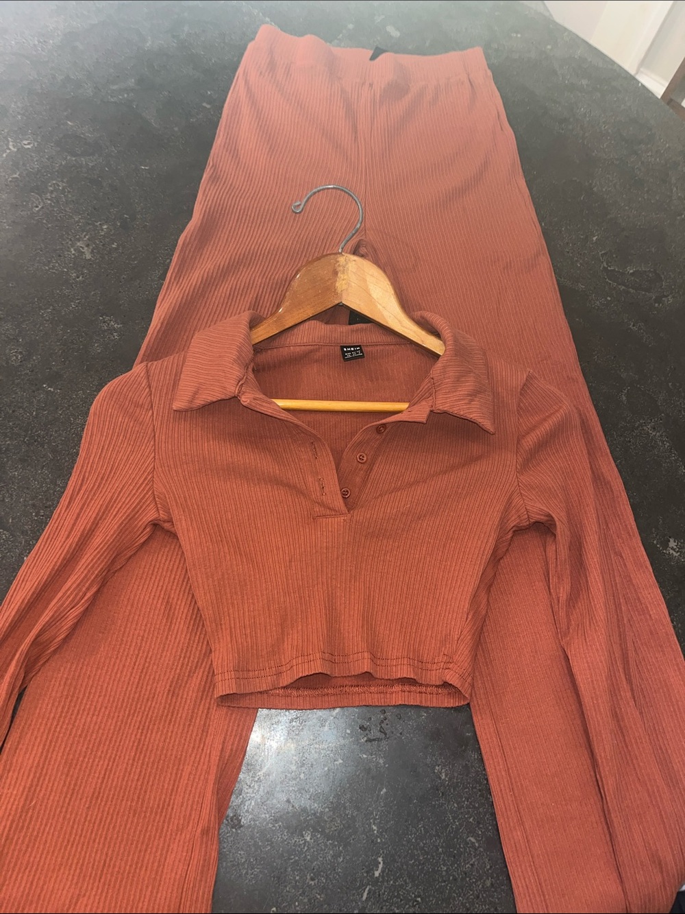 SHEIN Ribbed Cropped Polo Long Sleeve Top in Rust